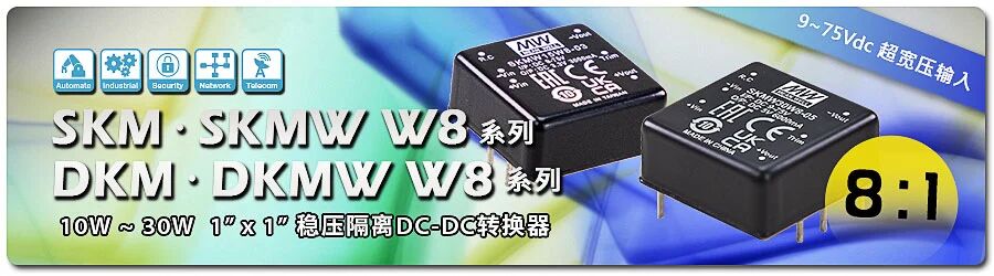 【新品上市】10W~30W 1”x 1”超宽压8:1输入稳压隔离DC-DC转换器：SKM/DKM W8系列